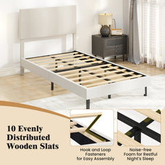 Twin/Full/Queen Size Velvet Bed Frame Upholstered Platform Bed with Chevron Headboard Beige