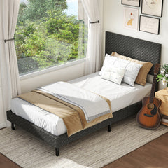 Twin/Full/Queen Size Velvet Bed Frame Upholstered Platform Bed with Chevron Headboard Gray
