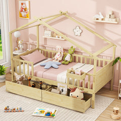 Twin House Bed with 2 Storage Drawers and Roof & Fence Rails