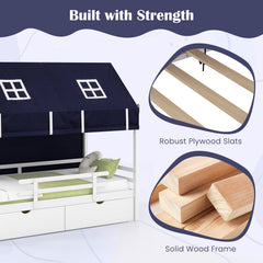 Twin House Bed with Tent and 2 Storage Drawers for Kids-White