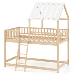 Twin Over Twin House Bunk Bed with Roof and Full-length Guardrails for Kids Teens Boys Girls