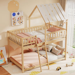 Twin Over Twin House Bunk Bed with Roof and Full-length Guardrails for Kids Teens Boys Girls