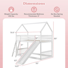 Twin Over Twin House Bunk Bed with Slide and Ladder-White