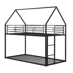 Twin Over Twin Metal Bunk Bed with Roof and Ladder