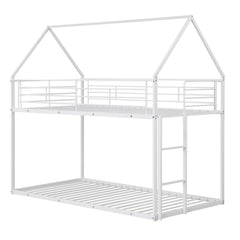 Twin Over Twin Metal Bunk Bed with Roof and Ladder