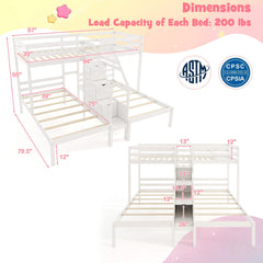 Twin Over Twin and Twin Bunk Bed with Storage Staircase and Guardrail for 3 Kids Teens