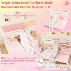 Twin Over Twin and Twin Bunk Bed with Storage Staircase and Guardrail for 3 Kids Teens