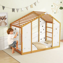 Twin Size Climbing Bed 2-in-1 Montessori Floor Bed with Monkey Bars-Natural and White