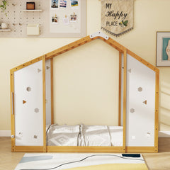 Twin Size Climbing Bed 2-in-1 Montessori Floor Bed with Monkey Bars-Natural and White