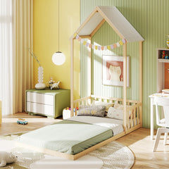 Twin Size House Bed with House Shape Roof and Semi-Fence