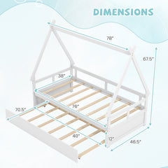 Twin Size House Bed with Trundle and Safety Guardrail-White