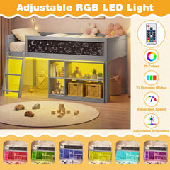 Twin Size Kids Loft Bed with LED Lights and Removable Bookcase