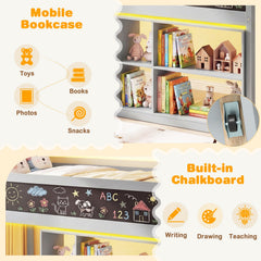 Twin Size Kids Loft Bed with LED Lights and Removable Bookcase