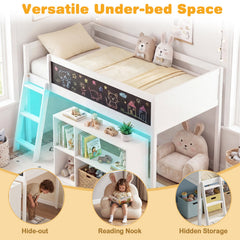 Twin Size Kids Loft Bed with LED Lights and Removable Bookcase