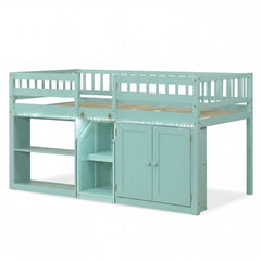 Twin Size Loft Bed with LED Lights and Kids Wooden Bed Frame