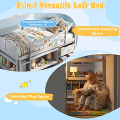 Twin Size Loft Bed with LED Lights and Underbed Space for Kids