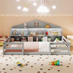Twin Size Montessori Floor Bed with Storage Compartments and Shelf
