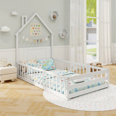 Twin Size Montessori Floor Bed with Lockable Door and Full-Length Guardrail-White