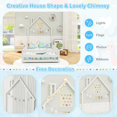 Twin Size Montessori Floor Bed with Lockable Door and Full-Length Guardrail-White