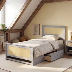 Twin Size Rattan Bed Frame with Storage Drawers