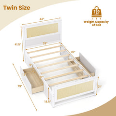 Twin Size Rattan Bed Frame with Storage Drawers