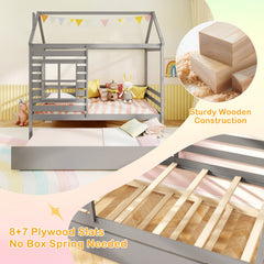 Twin Size Wooden Platform House Bed with Trundle and Roof-Grey
