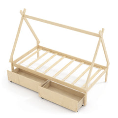Twin Size Wooden Tent Platform House Bed with 2 Drawers-Natural
