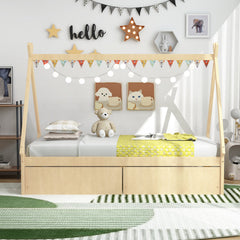 Twin Size Wooden Tent Platform House Bed with 2 Drawers-Natural