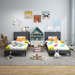 Twin Size Upholstered Platform Bed with Button Tufted Headboard-Gray