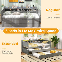 Twin XL Captain Bed with 2 Twin Trundle Beds and 3 Storage Cubbies-Gray