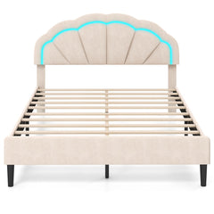 Upholstered LED Bed Frame with Adjustable Flower Headboard and Metal Support Feet-Queen Size