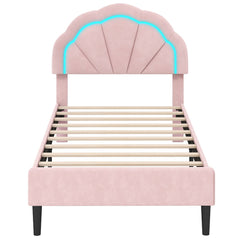 Upholstered LED Bed Frame with Adjustable Flower Headboard and Metal Support Feet Pink