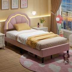 Upholstered LED Bed Frame with Adjustable Flower Headboard and Metal Support Feet Pink