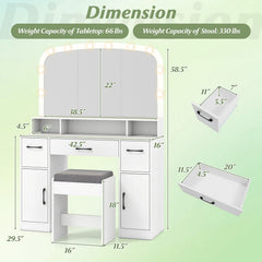 Vanity Desk Makeup Table with Stool 3-Color Lights and Charging Station