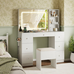 Vanity Desk with Mirror and Lights Makeup Dressing Table Vanity Table and Stool Set-White