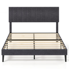 Velvet Upholstered Platform Bed with Height Adjustable Vertical Channel Headboard