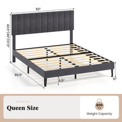 Velvet Upholstered Platform Bed with Height Adjustable Vertical Channel Headboard