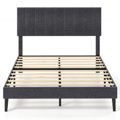 Velvet Upholstered Platform Bed with Height Adjustable Vertical Channel Headboard