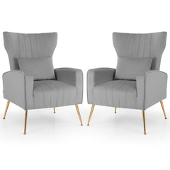 Velvet Upholstered Wingback Chair with Lumbar Pillow and Golden Metal Legs