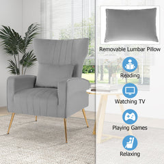 Velvet Upholstered Wingback Chair with Lumbar Pillow and Golden Metal Legs