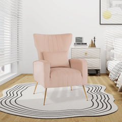 Velvet Upholstered Wingback Chair with Lumbar Pillow and Golden Metal Legs