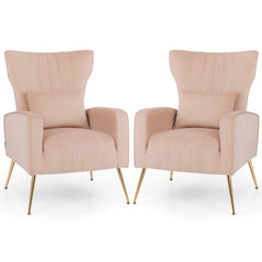 Velvet Upholstered Wingback Chair with Lumbar Pillow and Golden Metal Legs