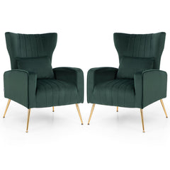 Velvet Upholstered Wingback Chair with Lumbar Pillow and Golden Metal Legs