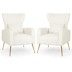 Velvet Upholstered Wingback Chair with Lumbar Pillow and Golden Metal Legs