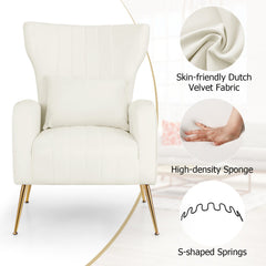 Velvet Upholstered Wingback Chair with Lumbar Pillow and Golden Metal Legs