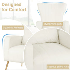 Velvet Upholstered Wingback Chair with Lumbar Pillow and Golden Metal Legs