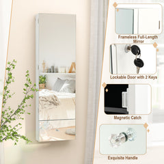Wall Mounted Jewelry Armoire Organizer with Full-Length Frameless Mirror-White