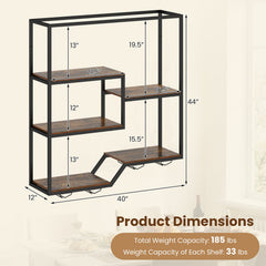 Wall Mounted Wine Rack 6-Tier Hanging Bar Shelf with Bottle Display Shelf and Glass Holder-Rustic Brown