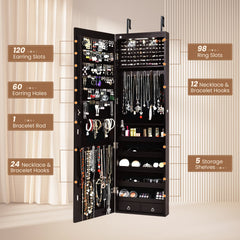 Wall and Door Mounted Mirrored Jewelry Cabinet with Lights-Brown