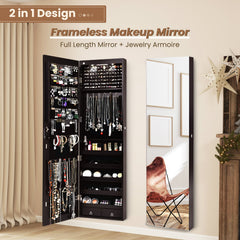 Wall and Door Mounted Mirrored Jewelry Cabinet with Lights-Brown